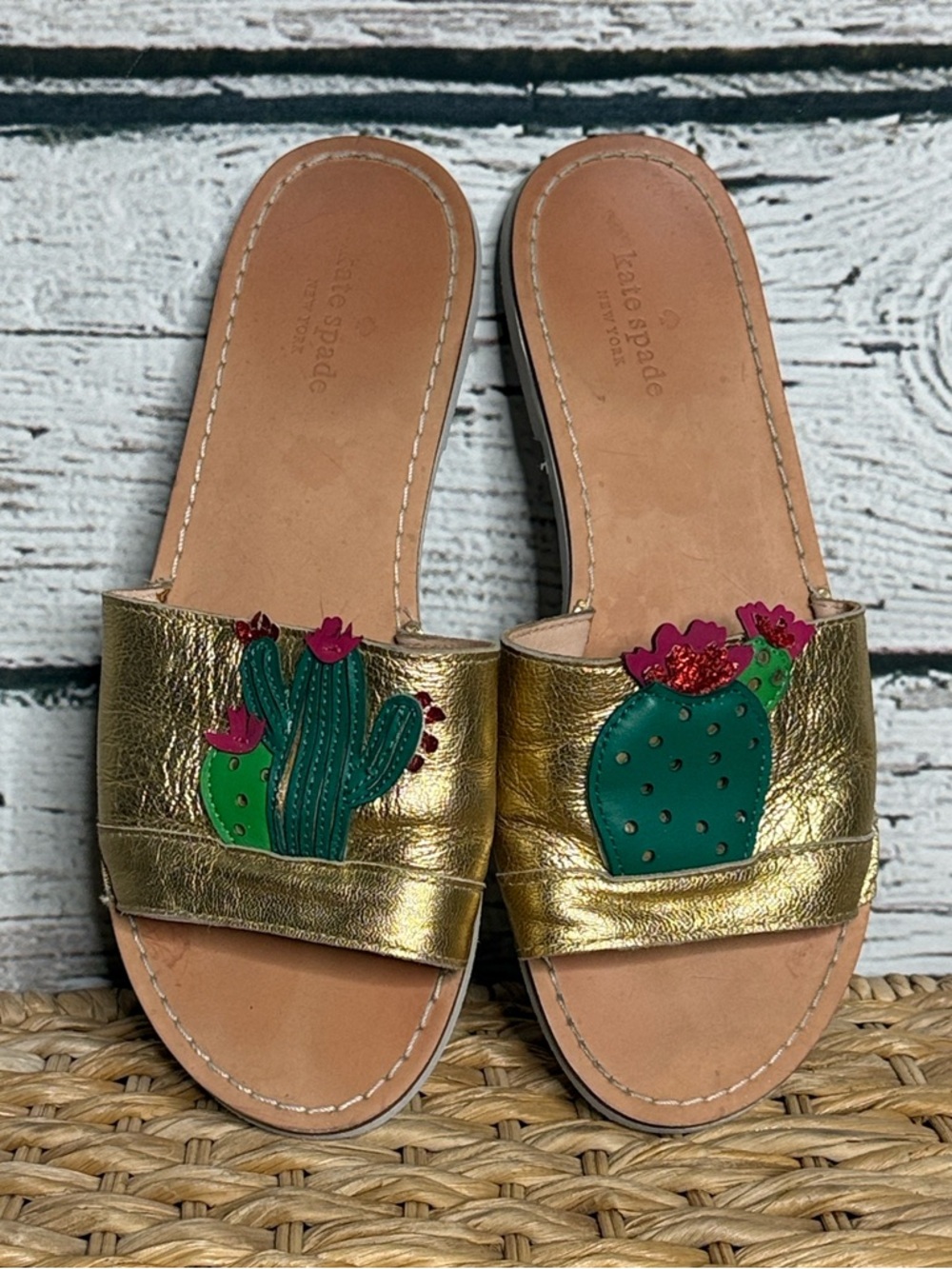 kate spade Gold Leather Slide Sandals with Green Cactus Appliqués